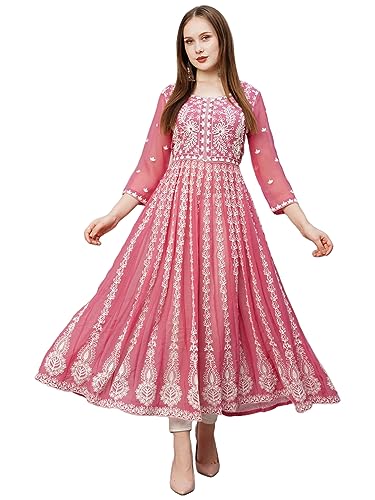 ANNI DESIGNER Women's Georgette Chikankari Embroidered Anarkali Kurti (Kari Wine-KDS_XXL_Wine_XX-Large)