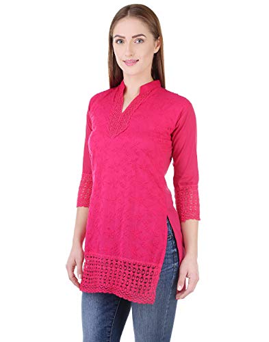 Haniya Women's Chikankari Embroidered Magenta Short Cotton Kurti