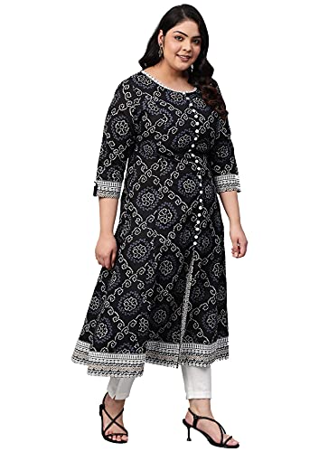 Yash Gallery Women's Plus Size Cotton Bandhej Printed Anarkali Kurta for Women (311YK148BBNDJ_Black_XXX-Large)