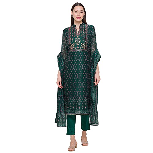 ZOLA Chanderi Silk V Mandarin Collar Neck 3/4th Sleeves Green Small Mughal Prints Embellished Ethnic wear Kurta Set for Women