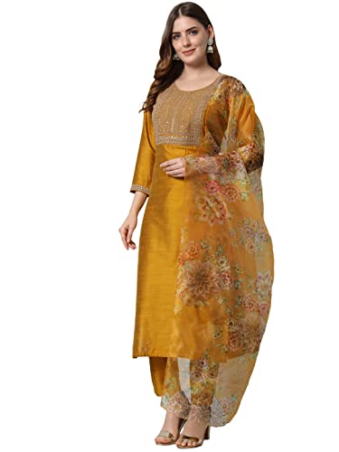 VredeVogel Women's Embroidered Cotton Silk Blend Kurta Pant and Dupatta Set (Mustard_Large)