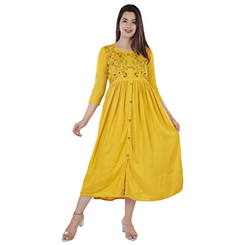 DMP FASHION Women's Rayon Embroidery Work Flared Kurti Yellow