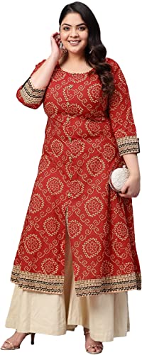 Yash Gallery Women's Plus Size Cotton Bandhej Printed Anarkali Kurta for Women (224YK148BNDJ_Red_XXXX-Large)