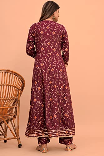 Jaipur Fashions Women Rayon Printed Anarkali Kurti with Pant and Dupatta Set (Large, Maroon)