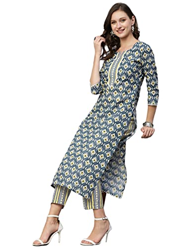 ANNI DESIGNER Women's Cotton Blend Straight Printed Kurta with Pant Set (Tbh Blue_L_Blue_Large)