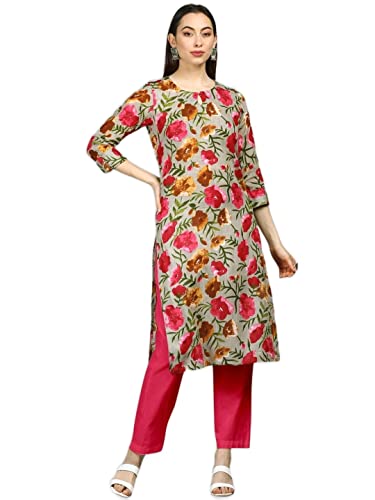 Vaamsi Women's Cotton Blend Floral Printed Straight Kurti (VCK1131_Grey_XL)