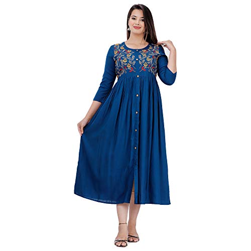 DMP FASHION Women's Rayon Embroidery Work Flared Kurti (Teal Blue)