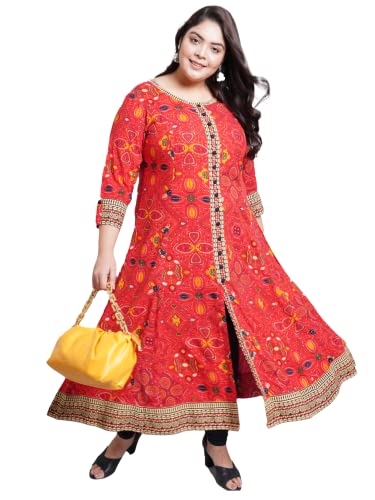 Yash Gallery Women's Plus Size Rayon Bandhej Printed Anarkali Kurta for Women (1337YKRED_Red_XXXX-Large)