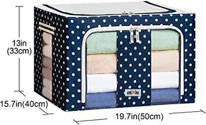 Plixio 66 LTR Storage Bag, Foldable Steel Frame Oxford Fabric Stackable Storage Bag for Clothes,Sarees,Bed sheet,Blanket With Large Clear Window Carry Handles (Polka Blue Pack of 1)