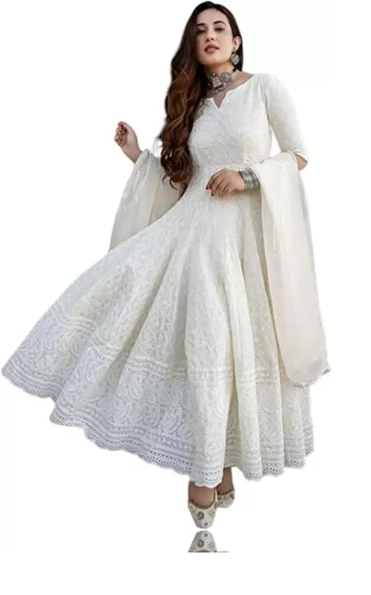 Royal Export Women's Cotton Anarkali White Color Chikankari Suit with Duptta