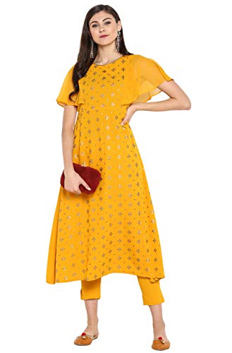 Janasya Women's Mustard Poly Crepe A-Line Kurta with Pant(Mustard_X-Large)