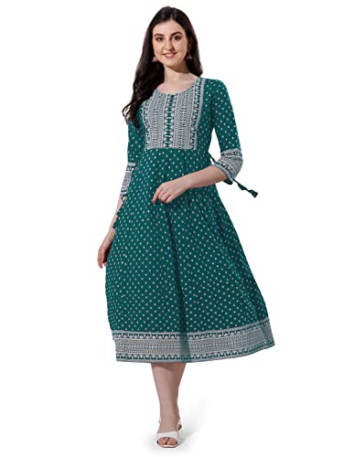 MIRCHI FASHION Women's A-Line Rayon Jaipuri Foil Printed and Mirror Work Kurti Only (MK9252-Sea Green, White-6XL)