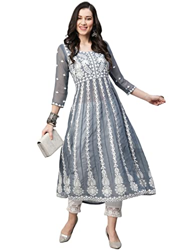 ANNI DESIGNER Women's Georgette Chikankari Embroidered Anarkali Kurti (Kari Grey_M_Dark Grey_Medium)