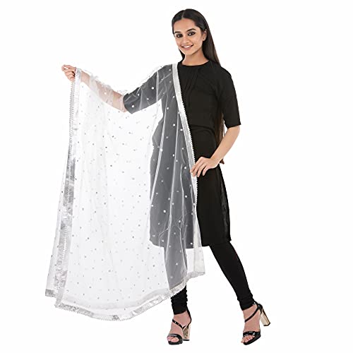 Traditions Bazaar Women's Starred Net Dupatta (D63-NET-EMLSD-MOTI-BRDR_Silver White_Free Size)