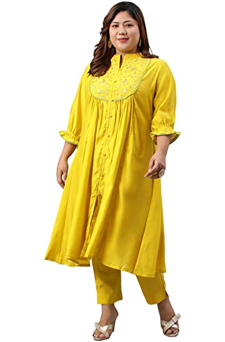 XL LOVE - By Janasya Women's Plus Size Yellow Poly Silk Kurta With Pant