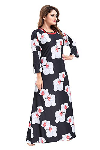 YKI Women's Sarina Beautiful Print Floral Full-Flare Maxi Nighty with Long Sleeves/Night Gown/Nightwear (Black, Red, XL)