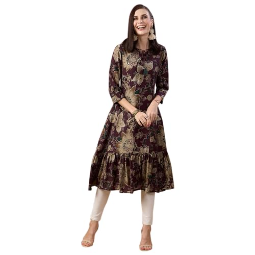 ZOLA Muslin Kalamkari Print Calf Length Wine Flared Kurta for Women with Round Tie Up Neck