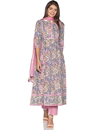 RAJMANDIRFABRICS Women Cotton Anarkali Kurta Pant and Dupatta set (PK1018017-L_Grey-Pink_L)