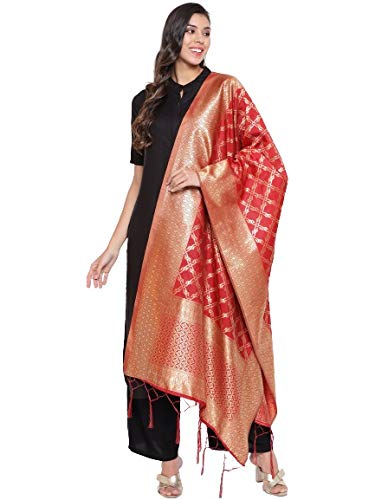 Lilots Women's Banarasi Silk Jacquard Woven Dupatta Gorgeous Printed Designer Chunni (Red)