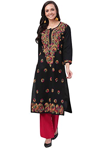 Ada Lucknowi Chikankari Hand Embroidered Straigh Cotton Kurta Kurti Tunic for Women A188048 (Medium, Black)