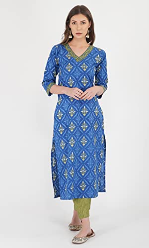 RATAN Women Cotton Kurta Palazzo With Dupatta Set (GUL4546_M_Indigo_M)