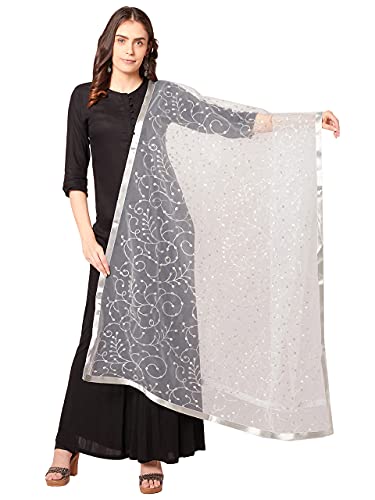 DUPATTA BAZAAR Women's Embroidered Silver Net Dupatta