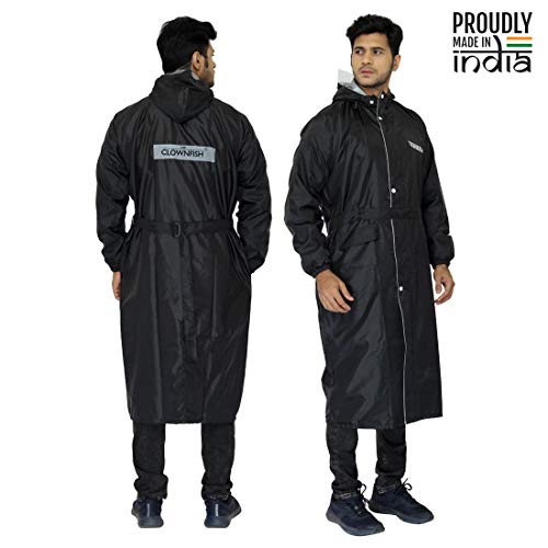 THE CLOWNFISH Reversible Use Unisex Waterproof Long Coat Raincoat for Men and Women with Adjustable Hood and Reflector at Back for Night Visibility Opener Series (Black-Free Size)