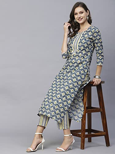 ANNI DESIGNER Women's Cotton Blend Straight Printed Kurta with Pant Set (Tbh Blue_L_Blue_Large)