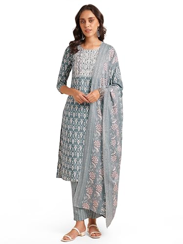 MIRCHI FASHION Women's Straight Fit Cotton Ikat Printed Embroidered Kurta Set with Dupatta and Trouser (MK9761-Grey, White-XL)