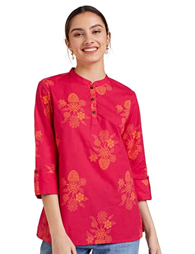 Amazon Brand - Myx Women's Cotton Floral Straight Short Kurti (SS19MYXTP019B1_Pink_M)