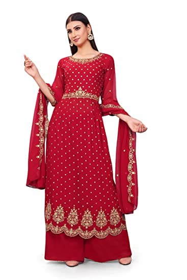 Peterman Heavy Festive Nayra Cut Georgette Embroidered Kurta and Sharara with Dupatta Set for Women (kurta-1-Maroon-XXL)