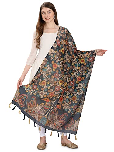 Faserz Navy Blue Color Kalamkari and Floral Digital Printed Chanderi Silk Dupatta For Women (FZ-CHN-54_Navy Blue_Green_Length - 2.30 Mts_Width - 36 inch)