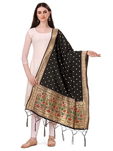 DEVANGI Woven Paithani Banarasi Silk Dupatta For Women, Width 1 Meter, Length 2.3 Meter (OM-DT-15-BLACK)