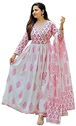 MEERA FAB Women's Cotton Printed Kurta with Palazzo & Dupatta Set Pink