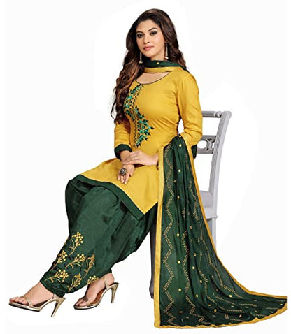 Panash Trends Women's Satin Silk Embroidery Salwar Suit Unstitched (Yellow)