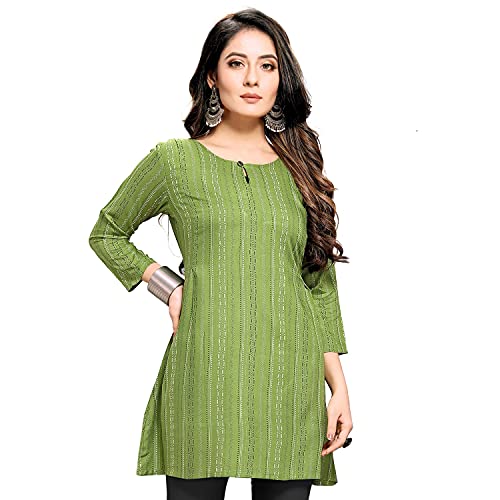 Shiv Textiles Rayon Fabric Printed Round Neck Short Kurtis for Women Top Dresses Kurti for Girls & Ladies Kurtis - (Green_X-Large)