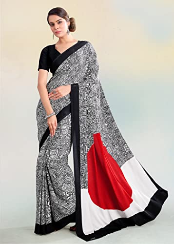 Jaanvi fashion Women's Black & White Geometrical Printed Crepe Saree With Unstitched Blouse Piece(simplify-8113a)