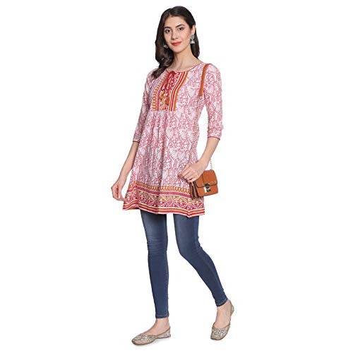 Rapsodia Women's Cotton Short Kurti, Jaipuri Traditional Printed Tunic for Girls Red