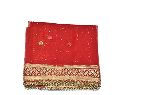 Women's Embroidered Sequence Stone Net 2.5 m Dupatta (BRDR026, Red)