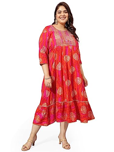 MIRCHI FASHION Women's Anarkali Cotton Sequins Embroidery Work Foil Printed Plus Size Kurti Only (MPK9118-Pink, Orange-4XL)