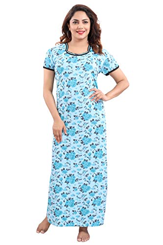 YKI Women's Synthetic Print Maxi Nightwear (RG-01_Blue_XL)