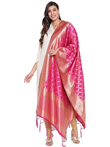 Lilots Women's Banarasi Silk Jacquard Woven Dupatta Gorgeous Printed Designer Chunni (Rani Pink)