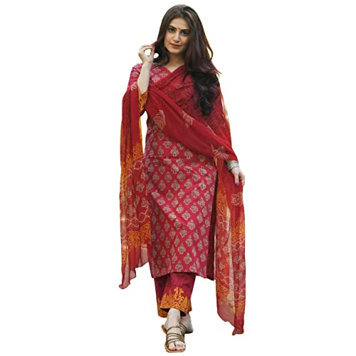 GoSriKi Women's Rayon Floral Printed Straight Kurta with Pants & Dupatta (Shank-Maroon-Nw08_L-GS_Maroon_Large)