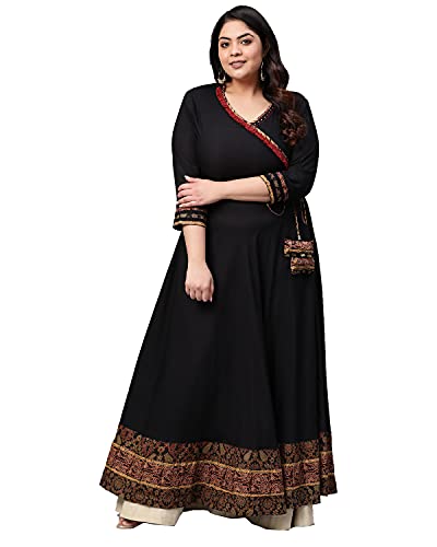 Yash Gallery Women's Plus Size Rayon Printed Angrakha Kurta for Women (241YK287BLACKRAY_Black_XXXXX-Large)