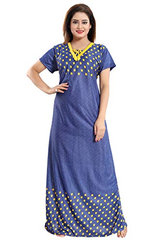 YKI RG-01 Women's Synthetic Print Maxi Nightgown (Denim & Mustard, X-Large)