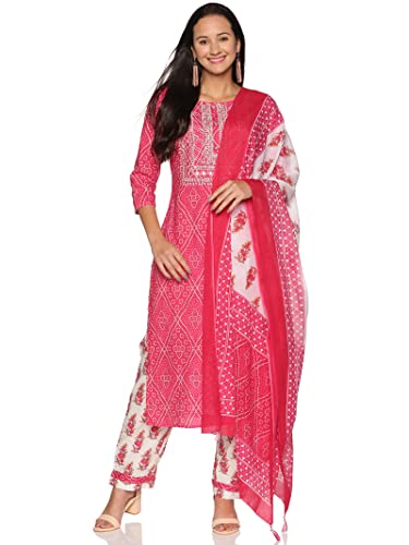 RAJMANDIRFABRICS Women Cotton Kurta Pant with Dupatta Set(PK1018086-XXL_Off White & Pink_2XL)