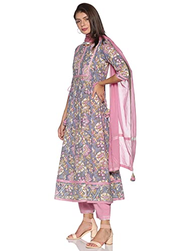 RAJMANDIRFABRICS Women Cotton Anarkali Kurta Pant and Dupatta set (PK1018017-L_Grey-Pink_L)