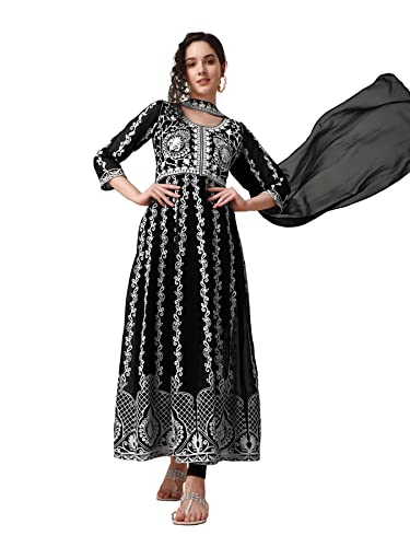 EthnicJunction Women's Georgette Chikankari Embroidery Anarkali Kurta (KD1-Nazma-Black_S_New_Jet Black)