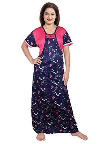 YKI Women's Synthetic Print Maxi Nightwear (RG-01_Navy Pink_XL)