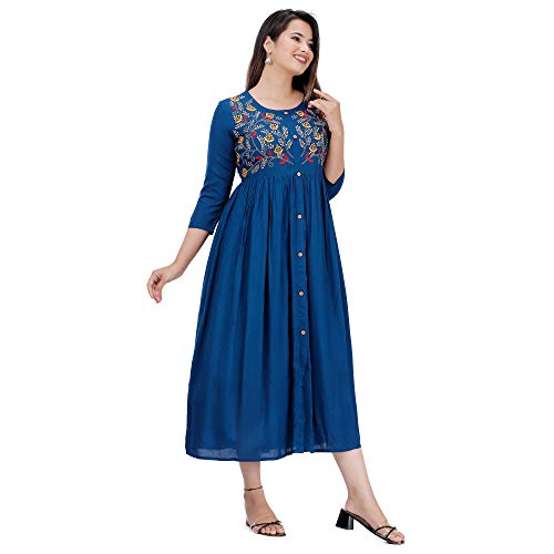 DMP FASHION Women's Rayon Embroidery Work Flared Kurti (Teal Blue)